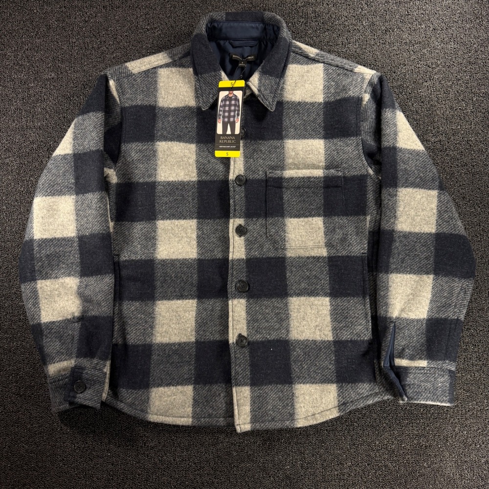 NWT Banana Republic Heritage Shirt Jacket Mens S Navy Gray Buffalo Plaid Wool